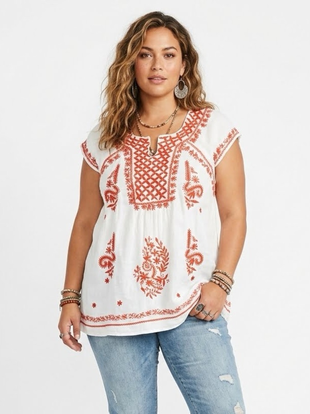 L' affaire Boho 100% Cotton White Tunic with Red Embroidery Size L